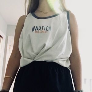 white nautica tank top with blue and pink writing